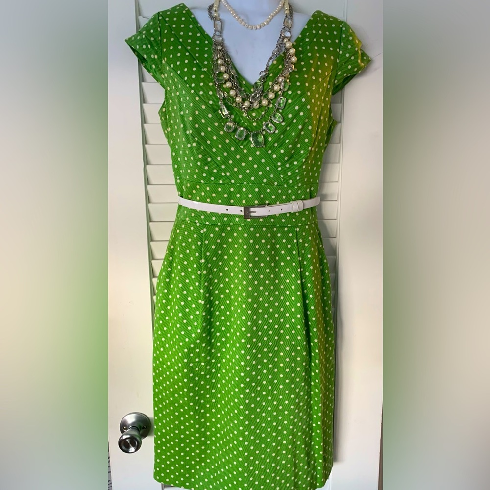 Tahari retro style green and white polka dot dress